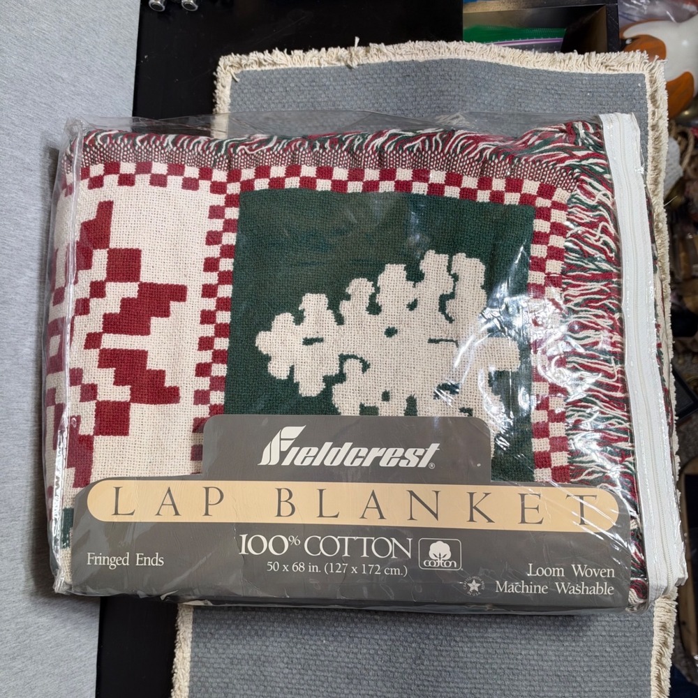 Fieldcrest 100% Cotton Lap Blanket Snowflake Loom Woven Fringed 50x68 USA Made